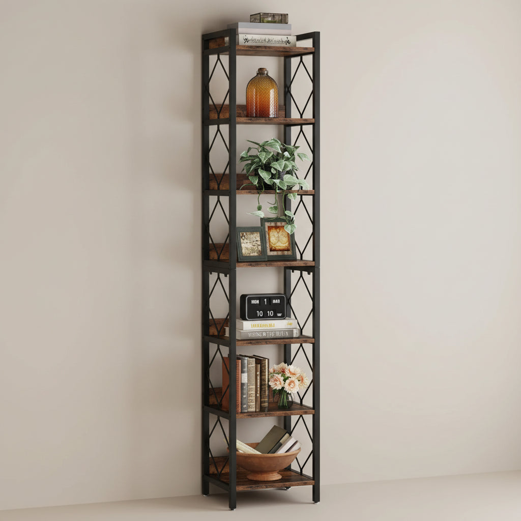 Tall black metal bookshelf with decorative items in a living room setting.