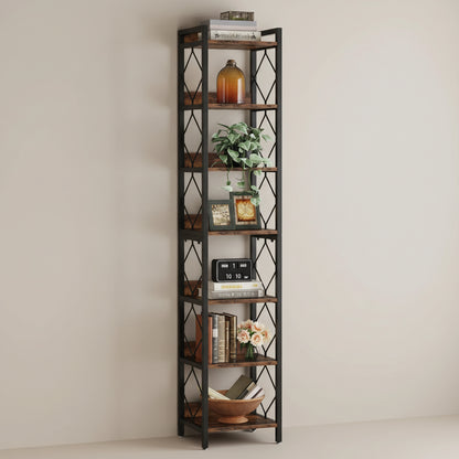 Tall black metal bookshelf with decorative items in a living room setting.