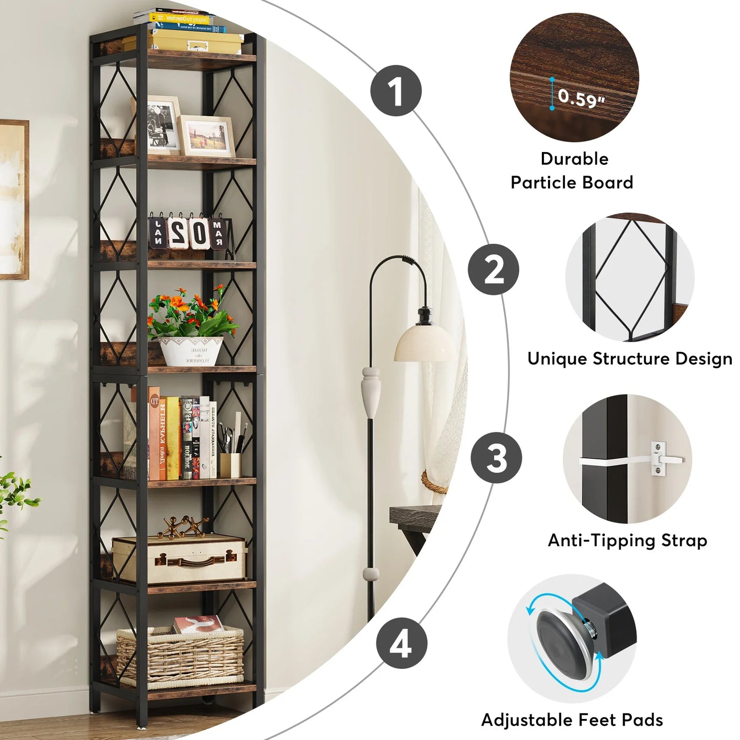 Tall bookshelf with decorative items in a room setting, featuring durability and design features.