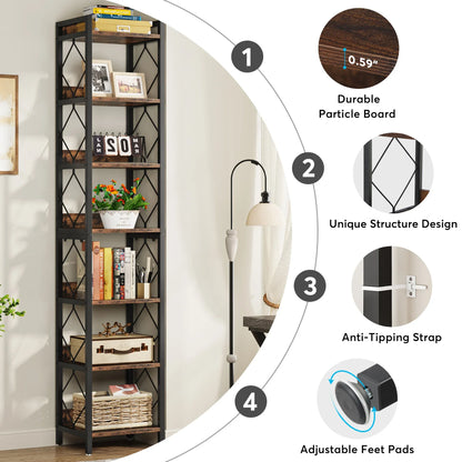 Tall bookshelf with decorative items in a room setting, featuring durability and design features.