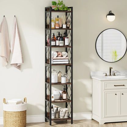Bathroom with a tall black shelf holding various items, a round mirror, and a white vanity.