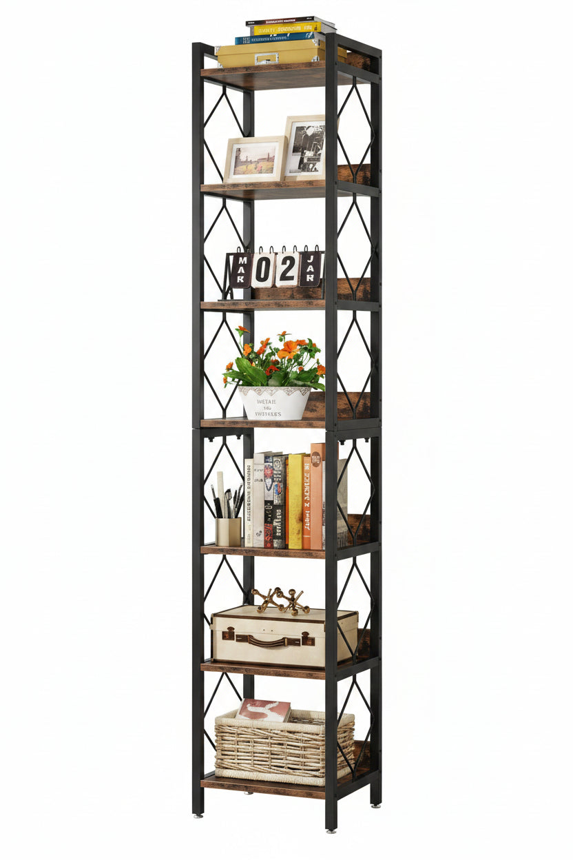 Tall black metal bookshelf with decorative items in a home office setting.
