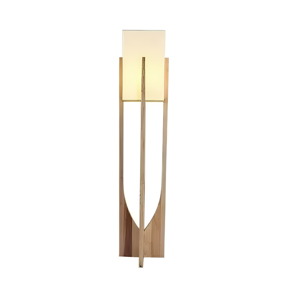 Modern floor lamp with wooden base and white shade on a white background