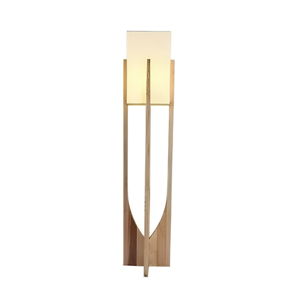 Modern floor lamp with wooden base and white shade on a white background
