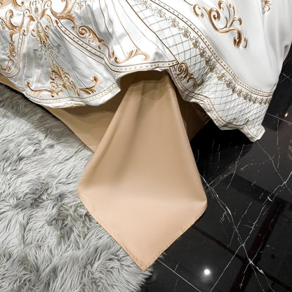 Beige - White Luxury Royal Gold Embroidery Glossy Cotton Bedding Set, 400TC - Homevalley.co.uk