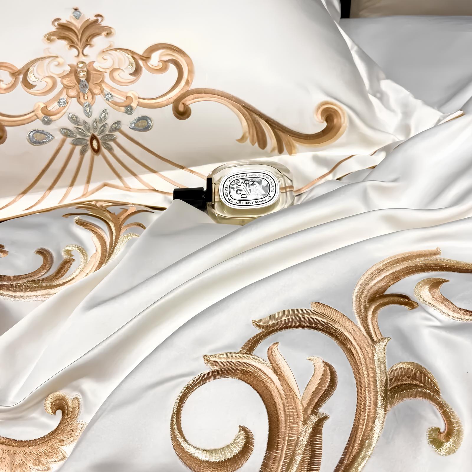 Beige - White Luxury Royal Gold Embroidery Glossy Cotton Bedding Set, 400TC - Homevalley.co.uk