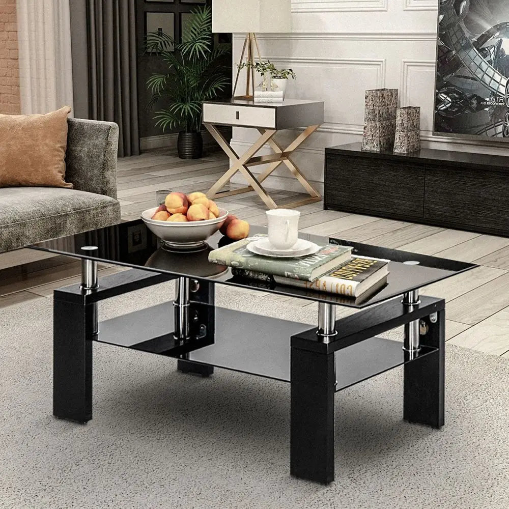 Black Glass Modern Rectangle Coffee Table With Lower Shelf - Homevalley.co.uk