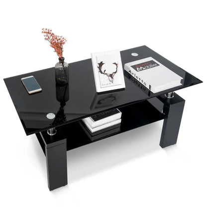 Black Glass Modern Rectangle Coffee Table With Lower Shelf - Homevalley.co.uk
