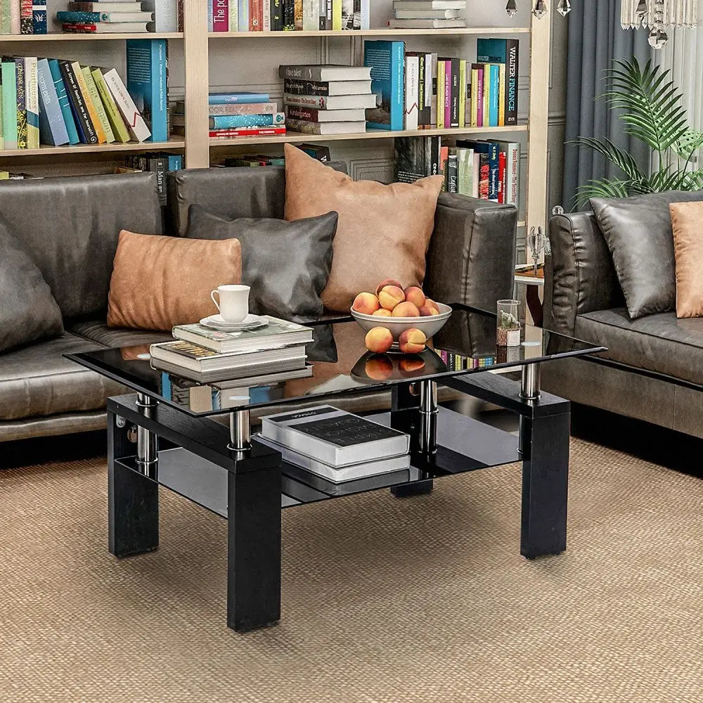 Black Glass Modern Rectangle Coffee Table With Lower Shelf - Homevalley.co.uk