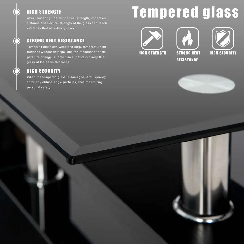 Black Glass Modern Rectangle Coffee Table With Lower Shelf - Homevalley.co.uk