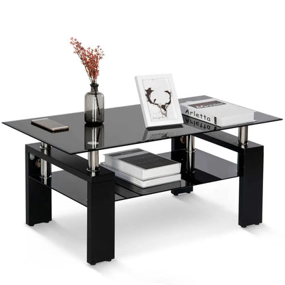 Black Glass Modern Rectangle Coffee Table With Lower Shelf - Homevalley.co.uk