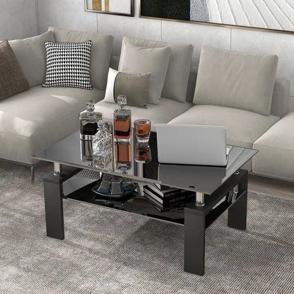 Black Glass Modern Rectangle Coffee Table With Lower Shelf - Homevalley.co.uk