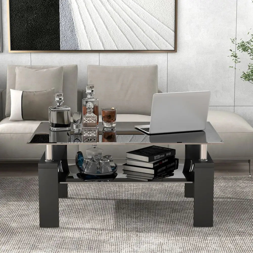 Black Glass Modern Rectangle Coffee Table With Lower Shelf - Homevalley.co.uk