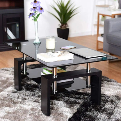 Black Glass Modern Rectangle Coffee Table With Lower Shelf - Homevalley.co.uk