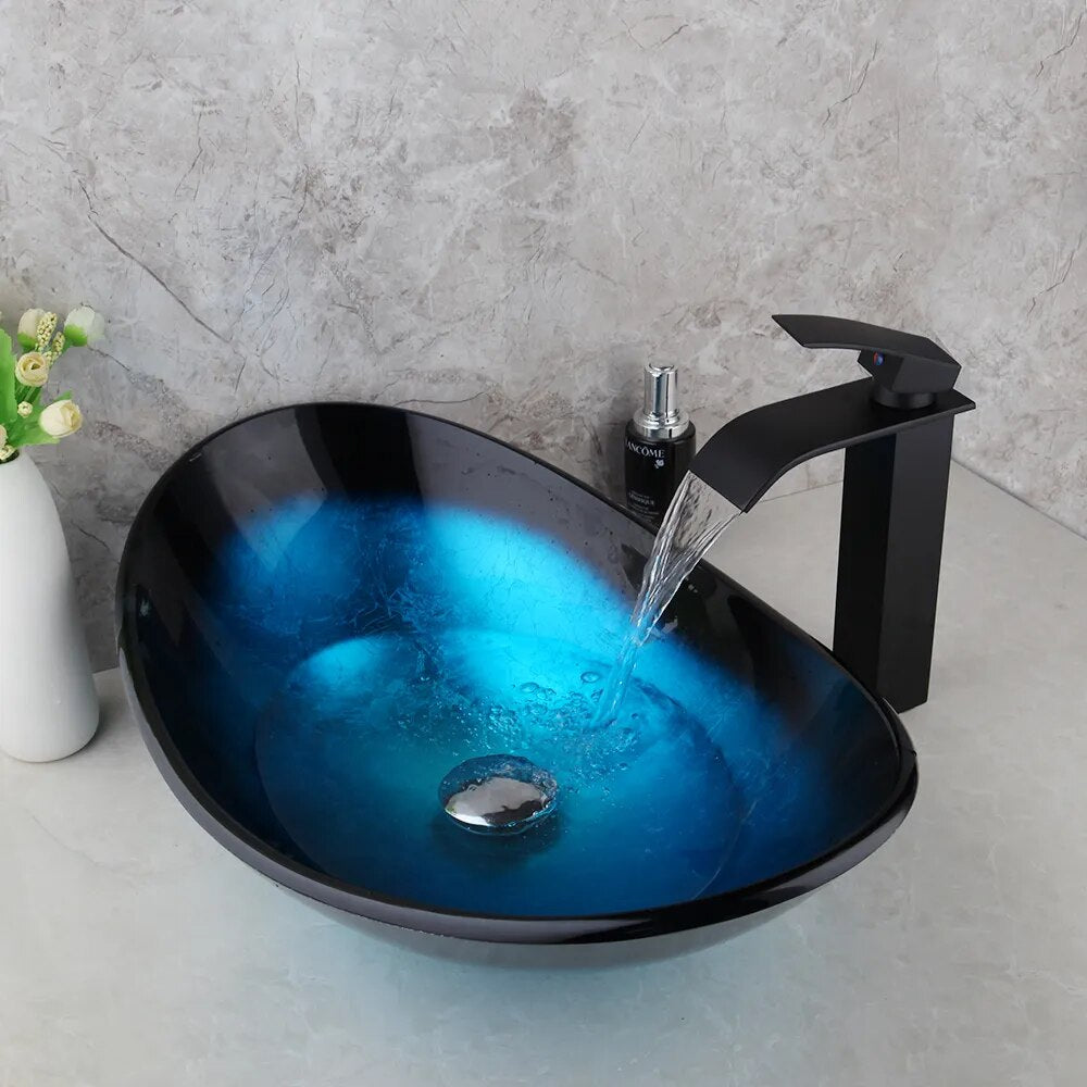 Blue and Black Tempered Glass Basin and Mixer Tap Faucet Set - Homevalley.co.uk