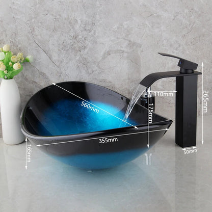 Blue and Black Tempered Glass Basin and Mixer Tap Faucet Set - Homevalley.co.uk
