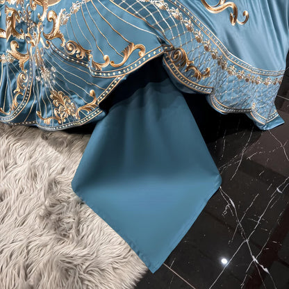 Blue Luxury Glossy Cotton Bedding Set with Royal Gold Embroidery , 400TC - Homevalley.co.uk