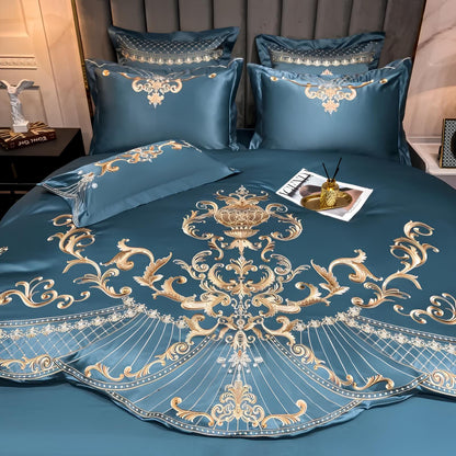 Blue Luxury Glossy Cotton Bedding Set with Royal Gold Embroidery , 400TC - Homevalley.co.uk
