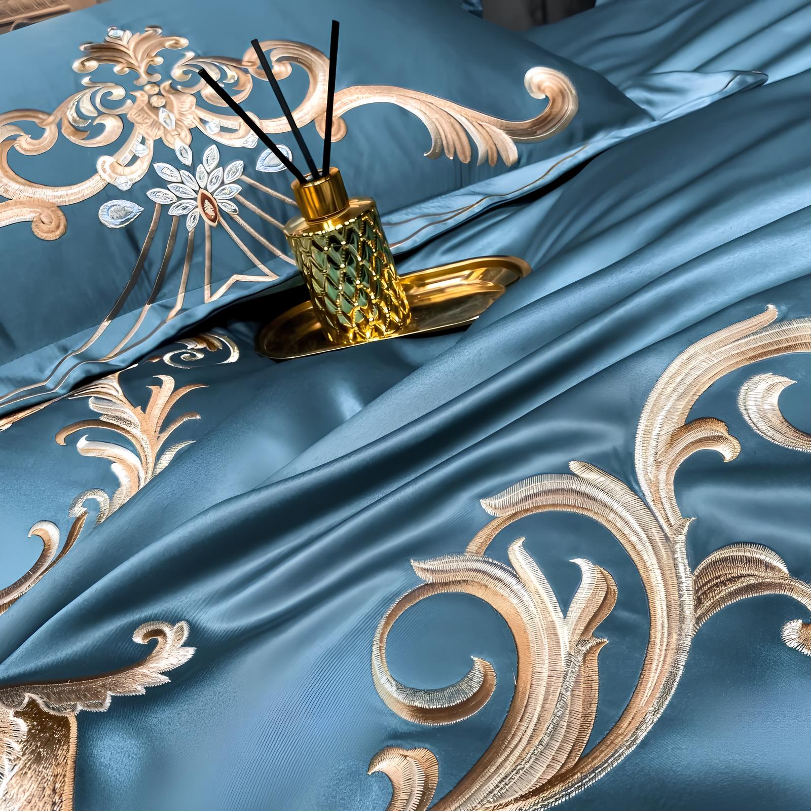 Blue Luxury Glossy Cotton Bedding Set with Royal Gold Embroidery , 400TC - Homevalley.co.uk