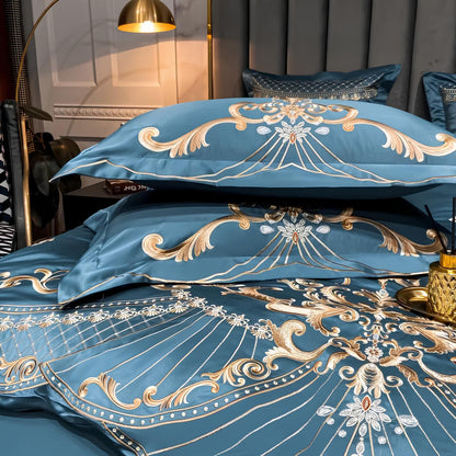 Blue Luxury Glossy Cotton Bedding Set with Royal Gold Embroidery , 400TC - Homevalley.co.uk