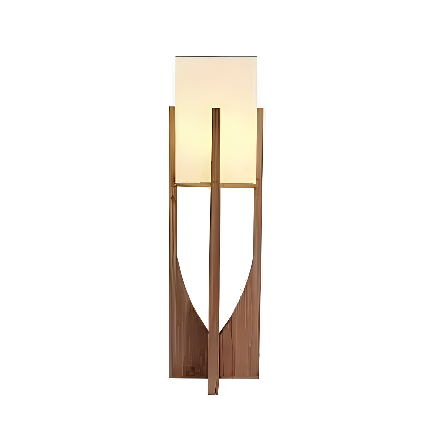 Wooden floor lamp with a white shade on a white background