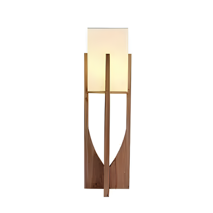 Wooden floor lamp with a white shade on a white background