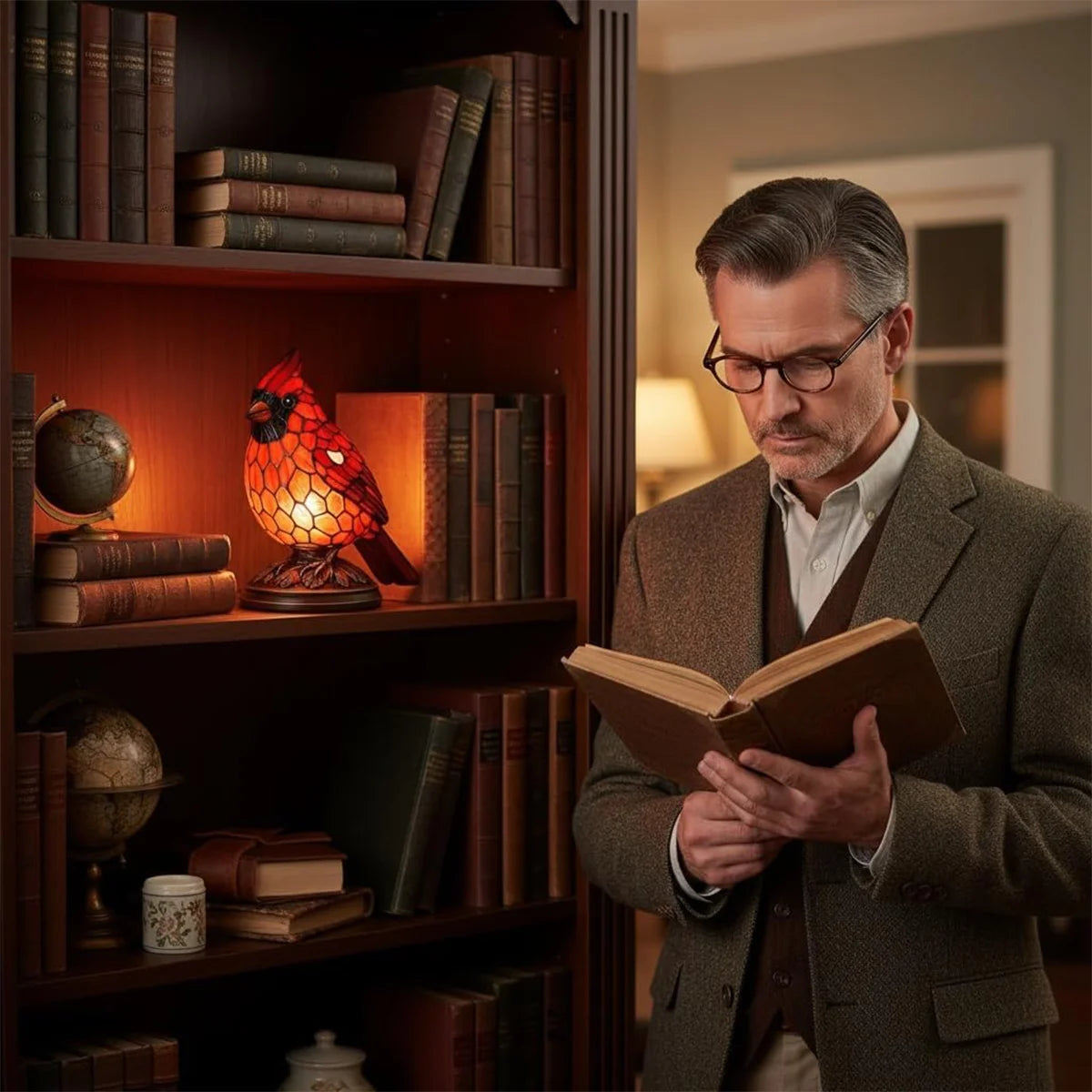 red cardinal night light on the book shelf