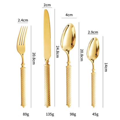 Gold cutlery set with measurements and weights on a white background