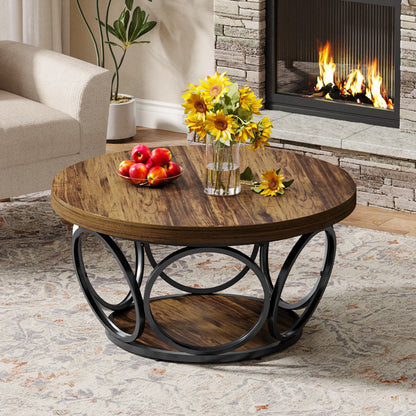 Wooden coffee table with decorative items in a living room setting with a fireplace.