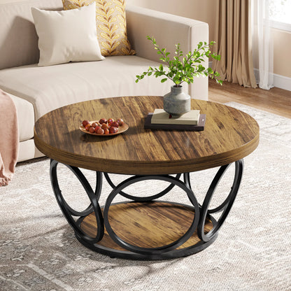 Round wooden coffee table with metal legs in a living room setting