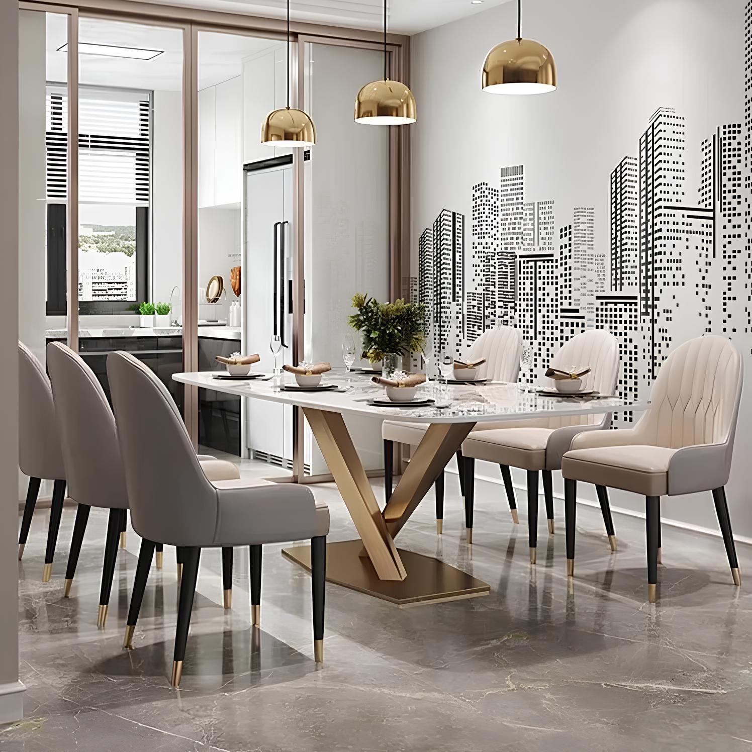 Dining Table Set with Marble Top, Stainless Steel base and chairs - Homevalley.co.uk