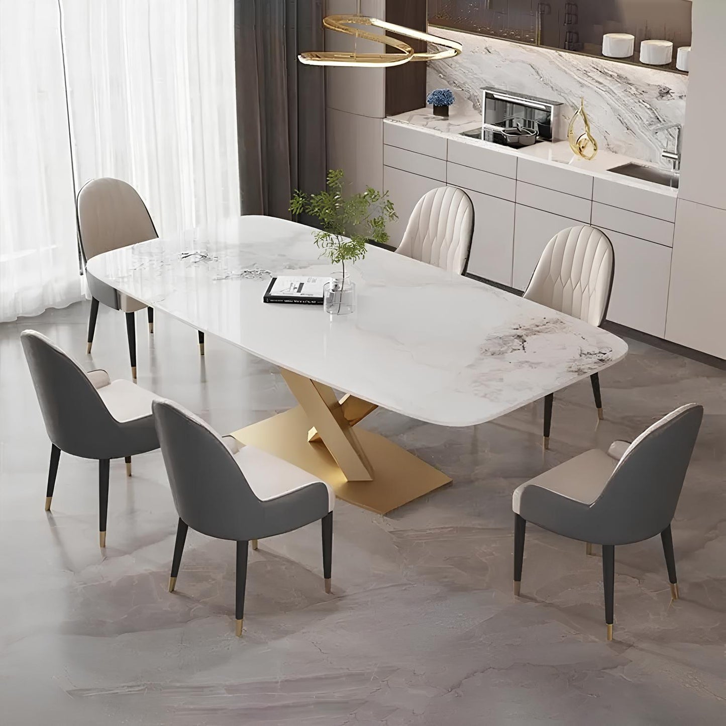 Dining Table Set with Marble Top, Stainless Steel base and chairs - Homevalley.co.uk