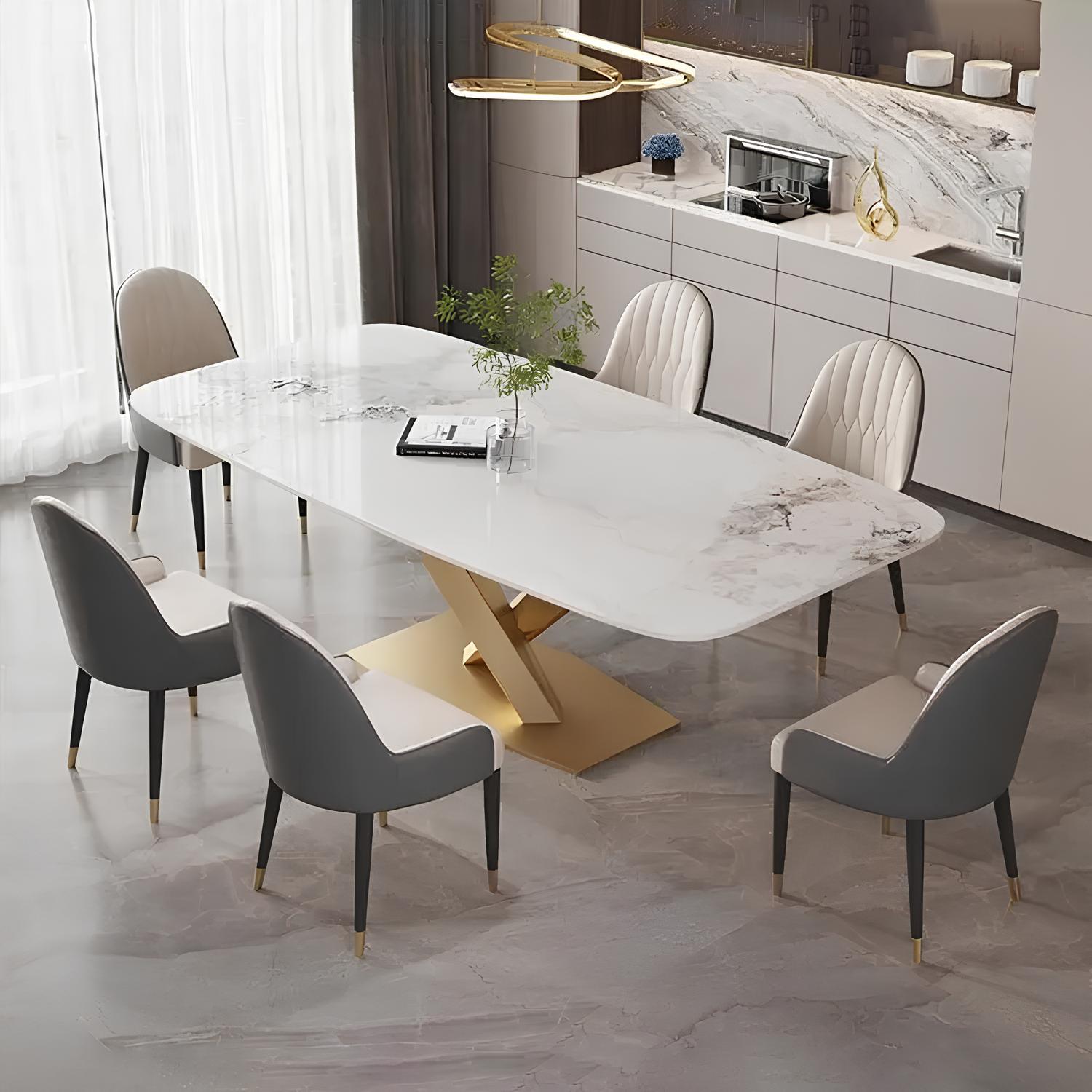 Dining Table Set with Marble Top, Stainless Steel base and chairs - Homevalley.co.uk