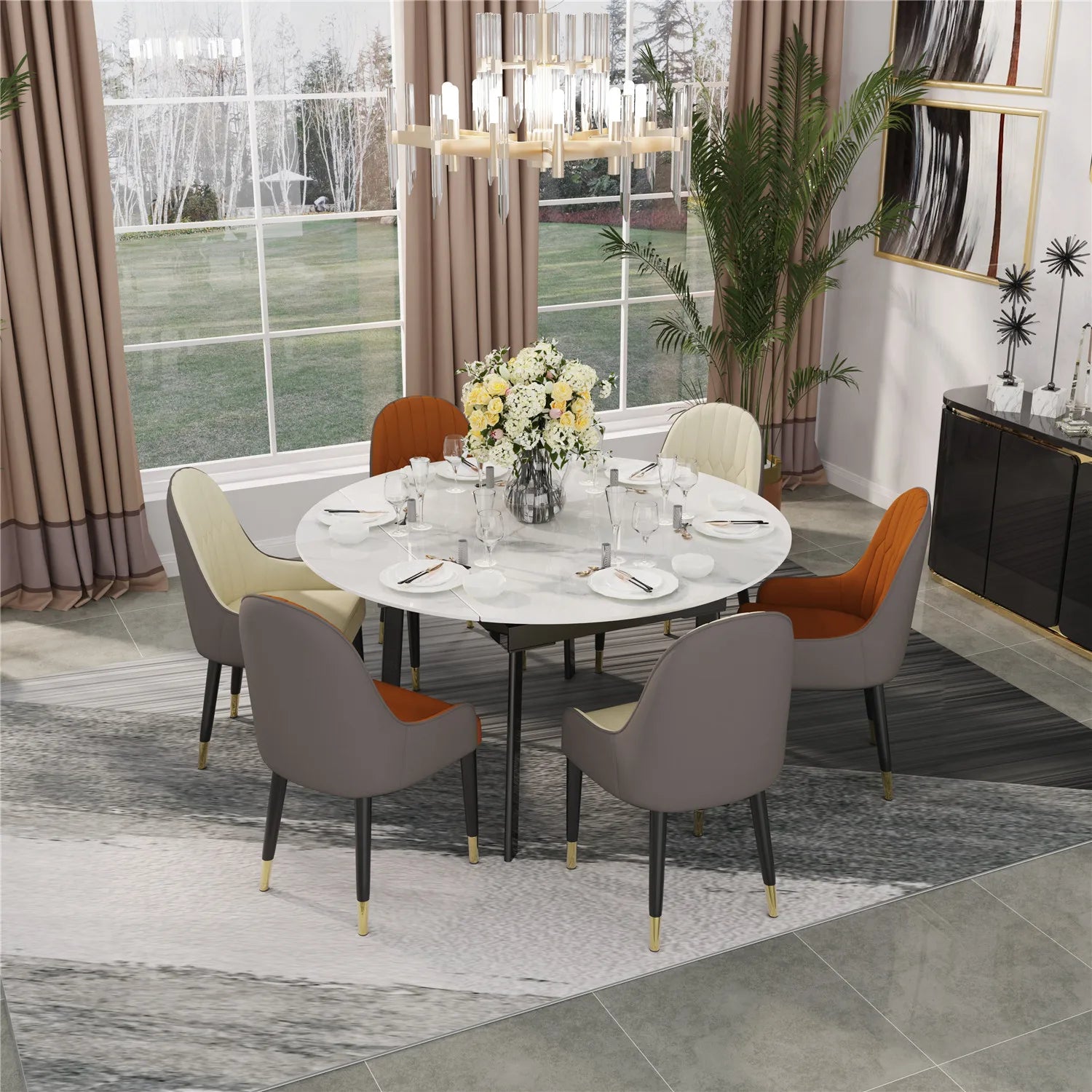 Extendable Round Sintered Stone Marble Dining Table - Homevalley.co.uk