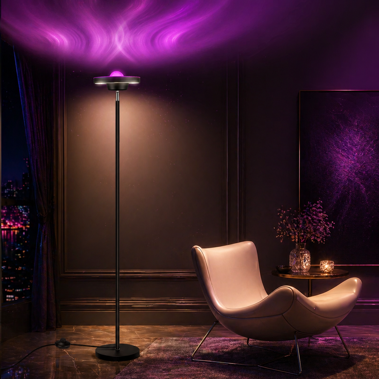 Modern interior with a floor lamp, chair, and decorative elements under purple lighting.
