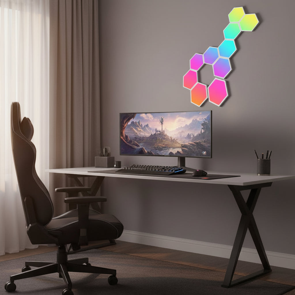 Modern home office with a desk, chair, computer monitor, and colorful wall lights.