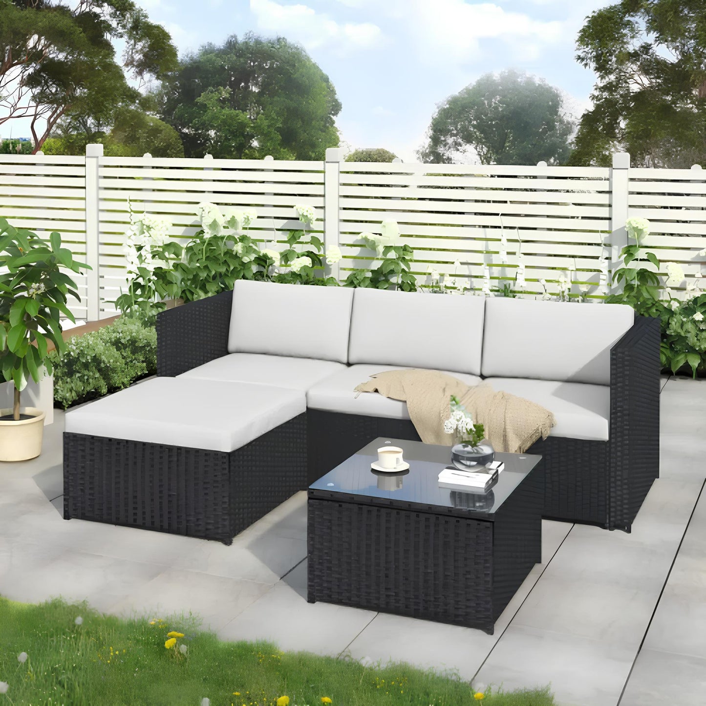 Garden Corner Sofa rattan Patio Set with Coffee Table and a Footstool - Homevalley.co.uk