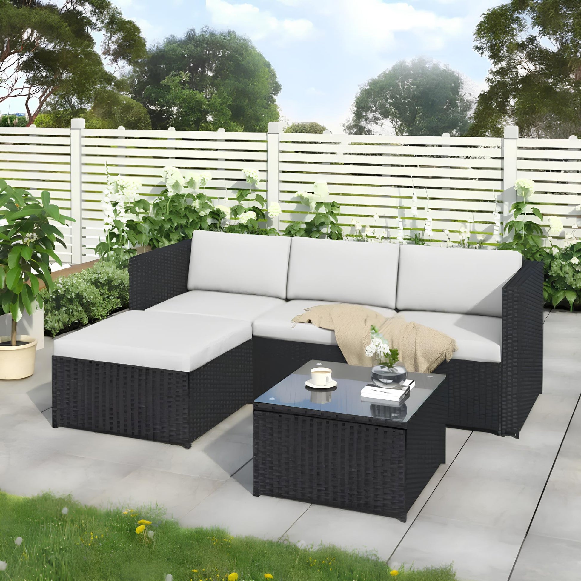 Garden Corner Sofa rattan Patio Set with Coffee Table and a Footstool - Homevalley.co.uk