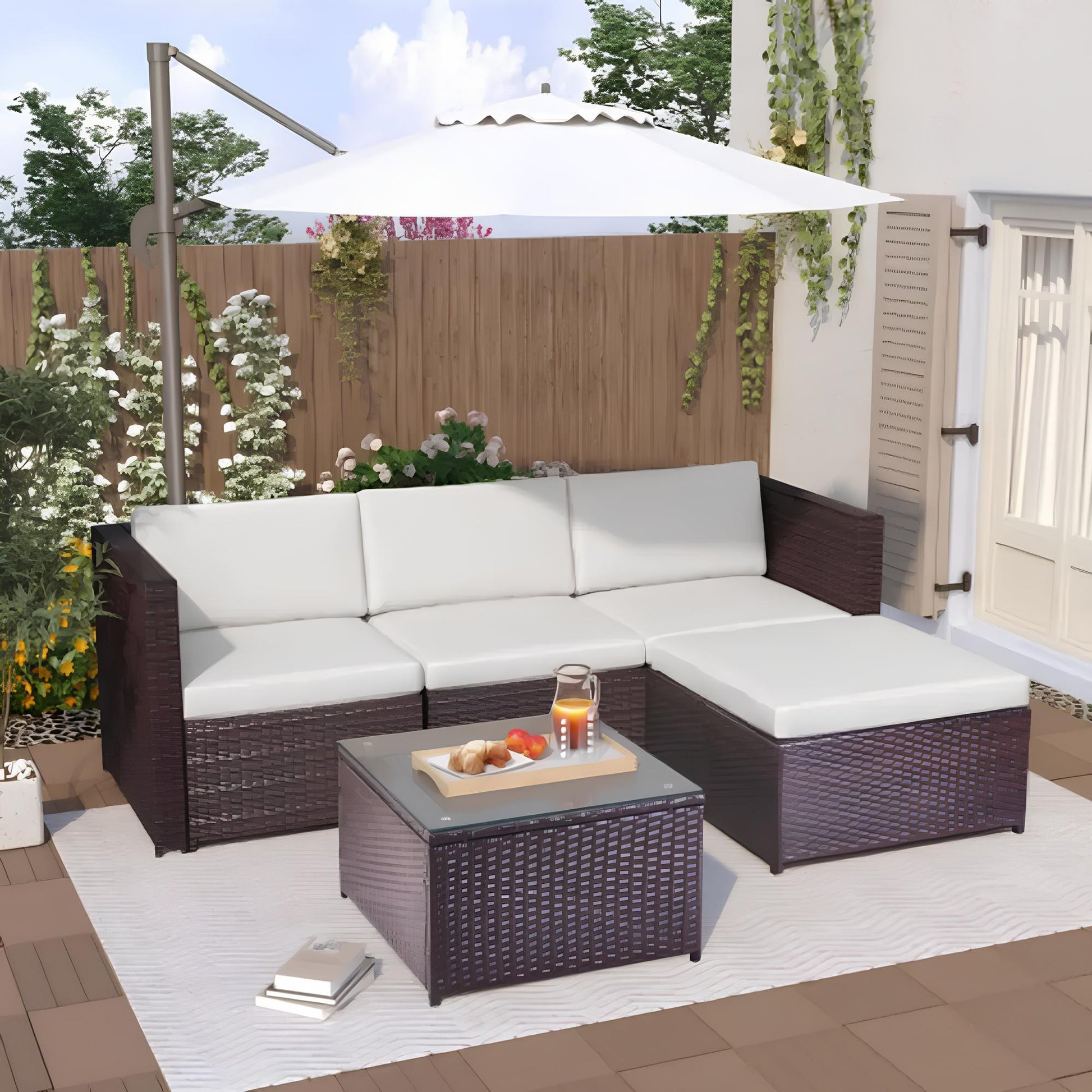 Garden Corner Sofa rattan Patio Set with Coffee Table and a Footstool - Homevalley.co.uk