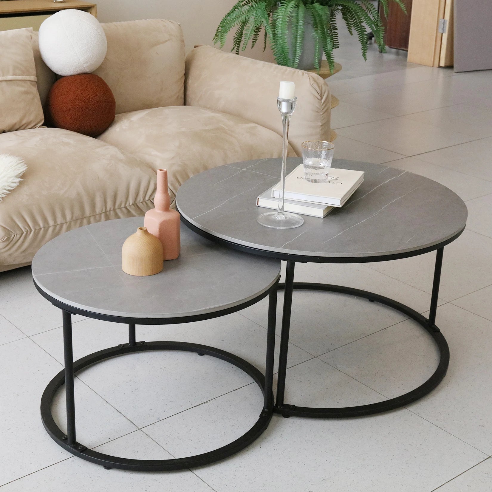 Grey Marble Top Round Nesting Coffee Tables - Homevalley.co.uk
