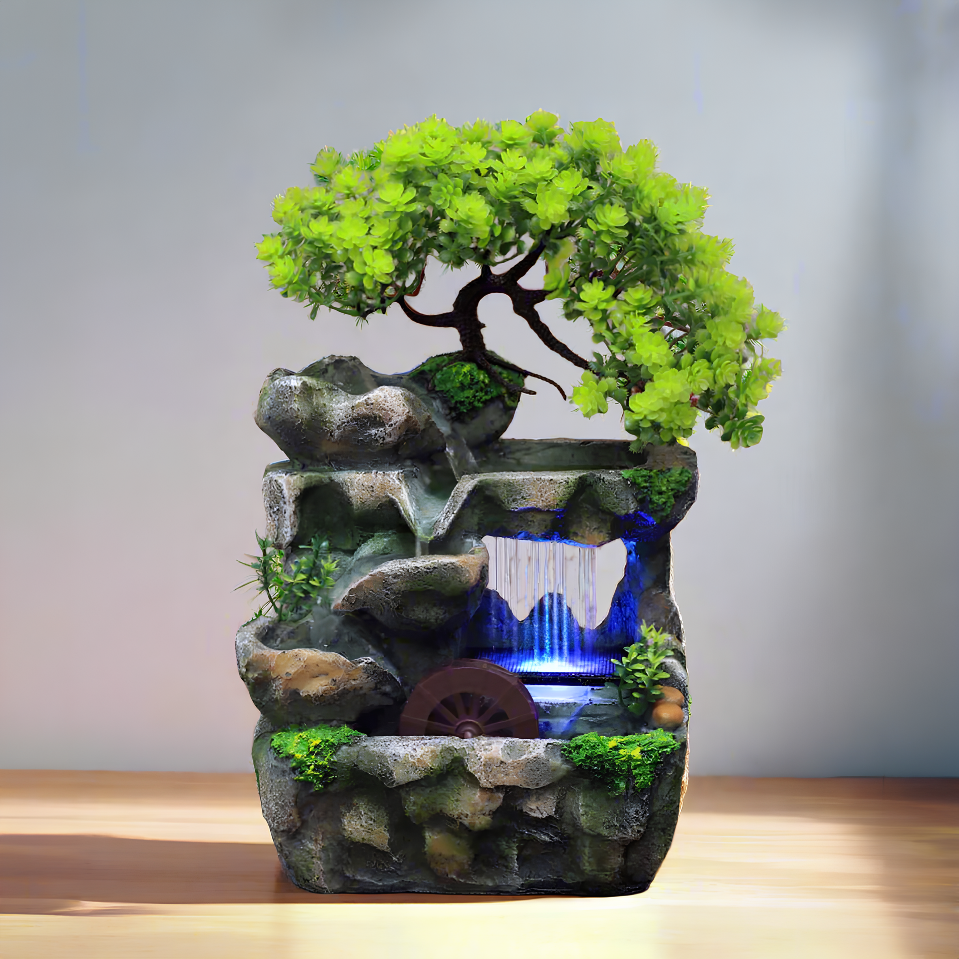 置物 Valley Waterfall Illuminated Indoor Waterfall Fountain with Pump & Bonsai Rockery