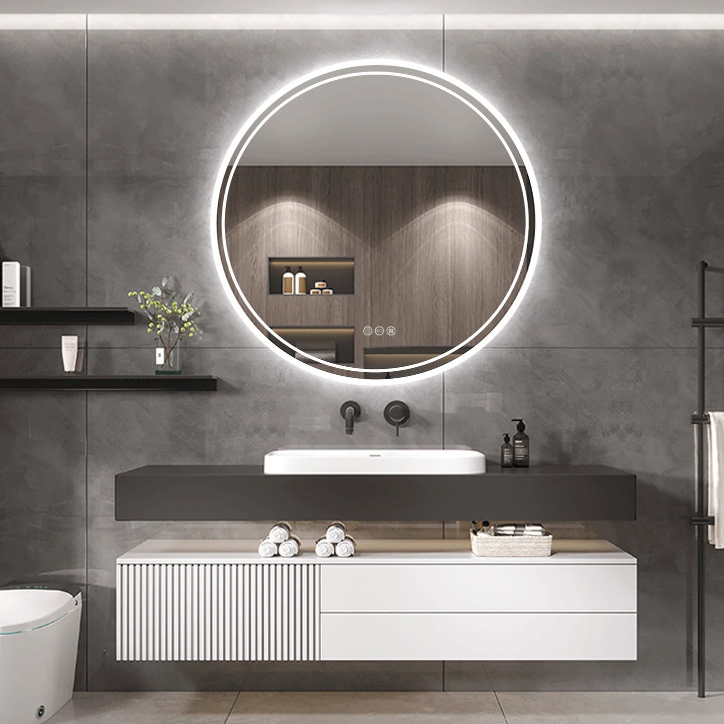 LUVODI Illuminated Round Mirror for Bathroom Touch Screen Dimmable Anti-fog - Homevalley.co.uk