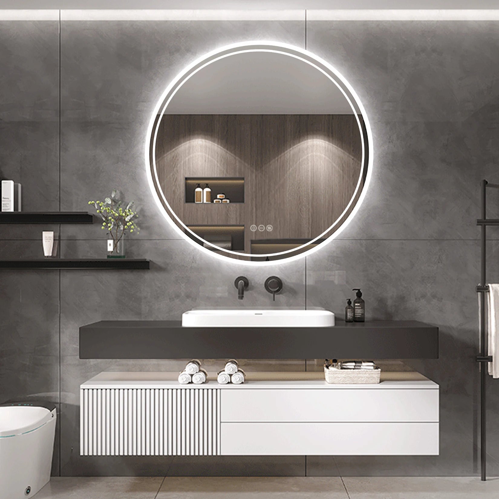 LUVODI Illuminated Round Mirror for Bathroom Touch Screen Dimmable Anti-fog - Homevalley.co.uk