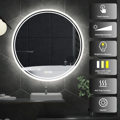 LUVODI Illuminated Round Mirror for Bathroom Touch Screen Dimmable Anti-fog - Homevalley.co.uk