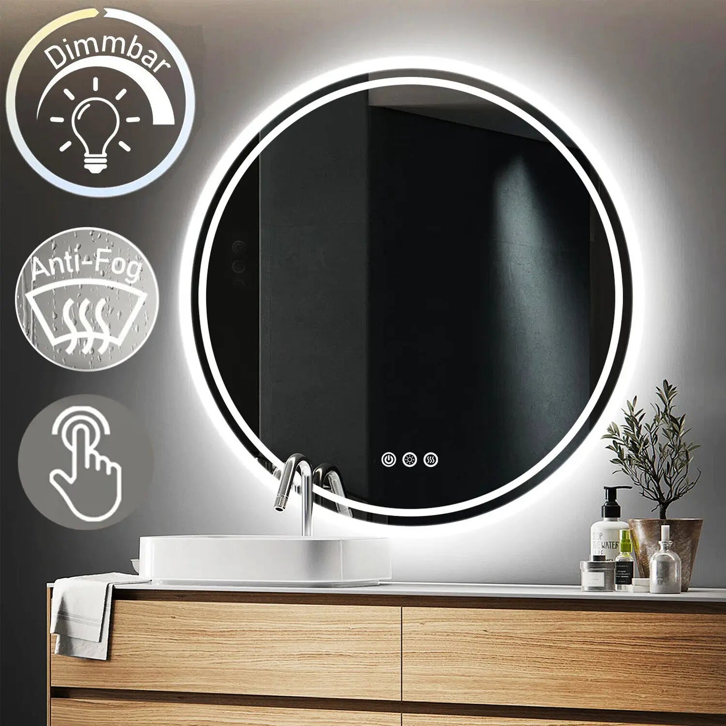 LUVODI Illuminated Round Mirror for Bathroom Touch Screen Dimmable Anti-fog - Homevalley.co.uk