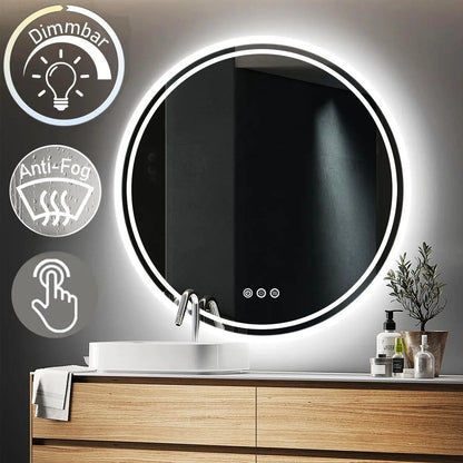 LUVODI Illuminated Round Mirror for Bathroom Touch Screen Dimmable Anti-fog - Homevalley.co.uk