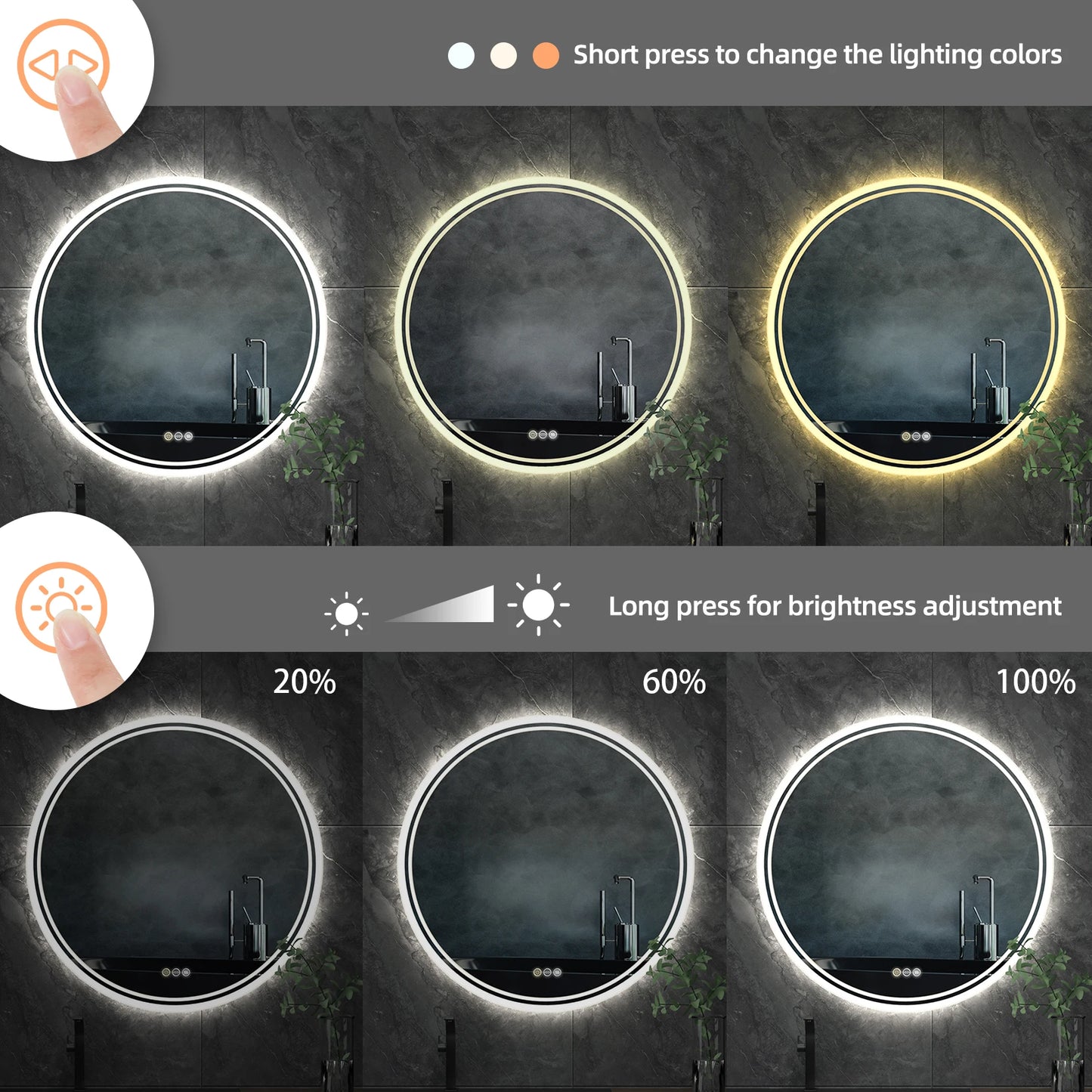 LUVODI Illuminated Round Mirror for Bathroom Touch Screen Dimmable Anti-fog - Homevalley.co.uk