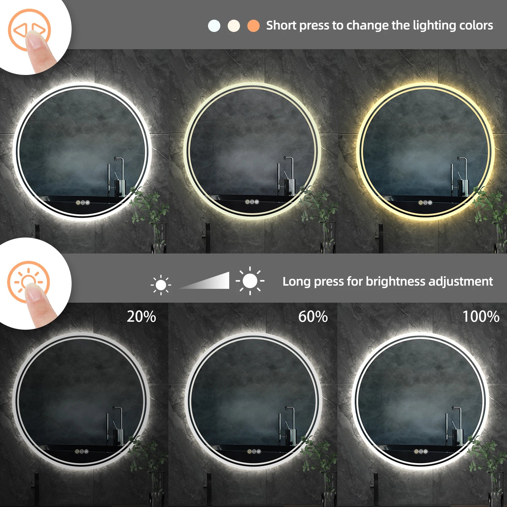 LUVODI Illuminated Round Mirror for Bathroom Touch Screen Dimmable Anti-fog - Homevalley.co.uk