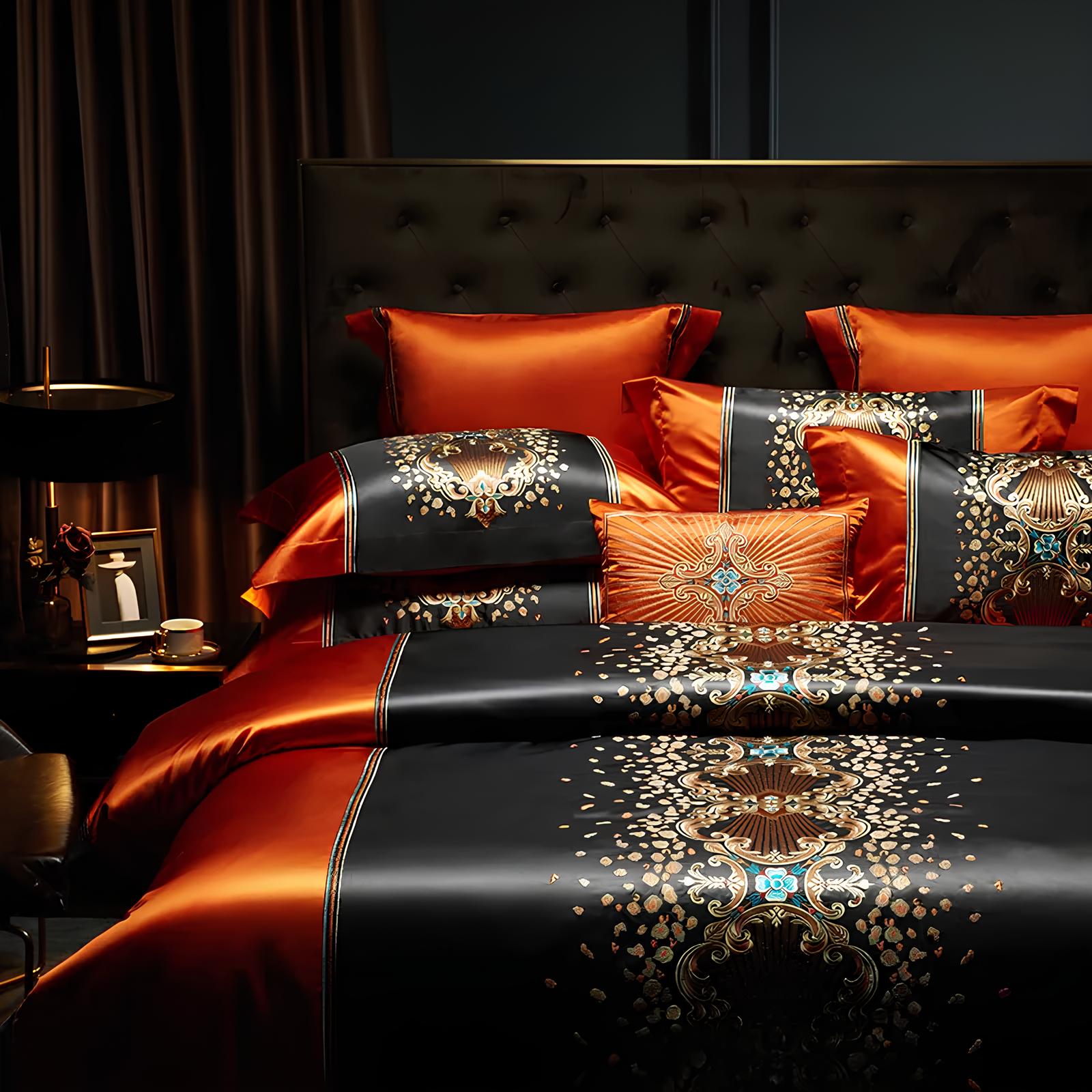 Luxury Black and Orange Satin and Egyptian Cotton Bedding Set - Homevalley.co.uk