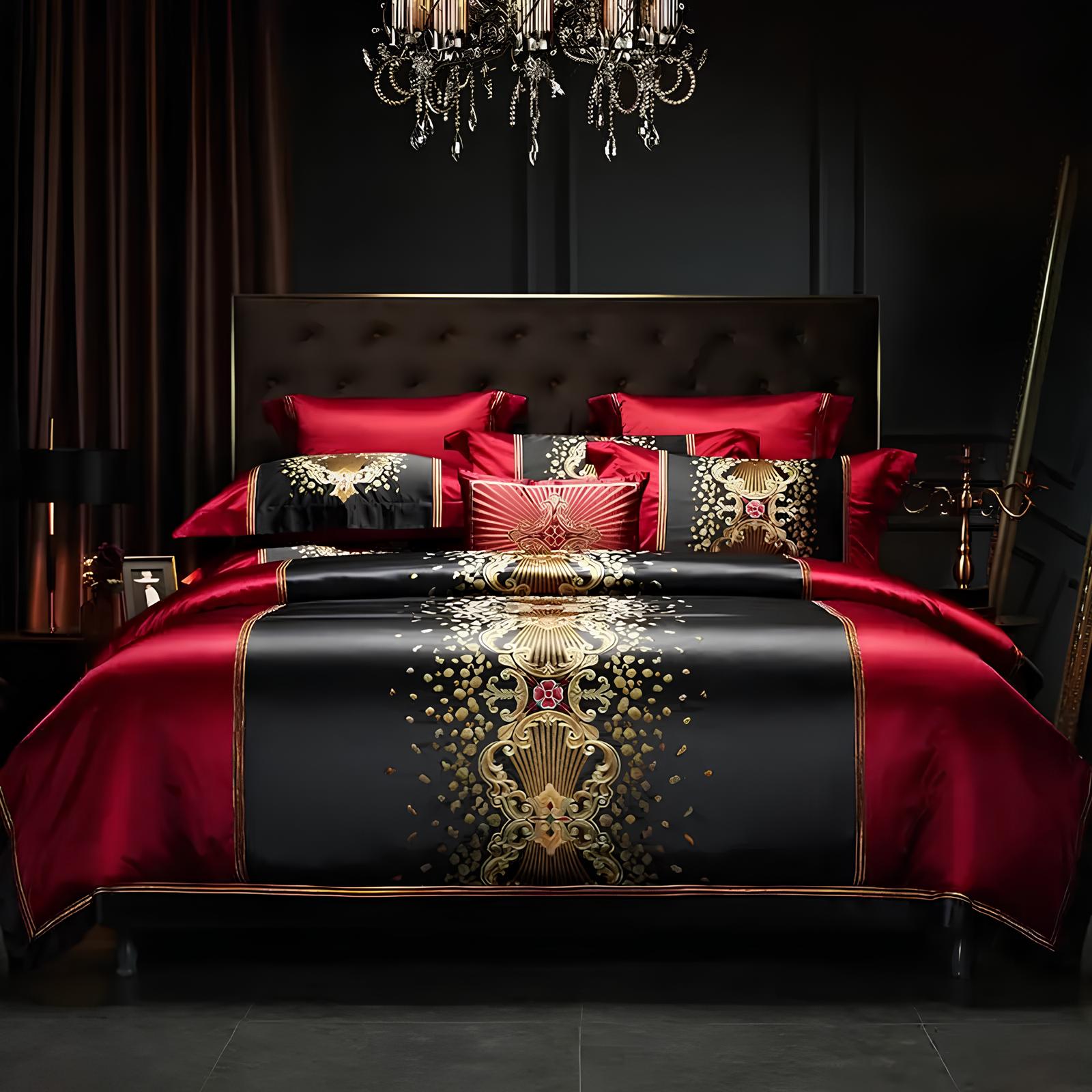 Luxury Black and Red Satin and Egyptian Cotton Bedding Set - Homevalley.co.uk